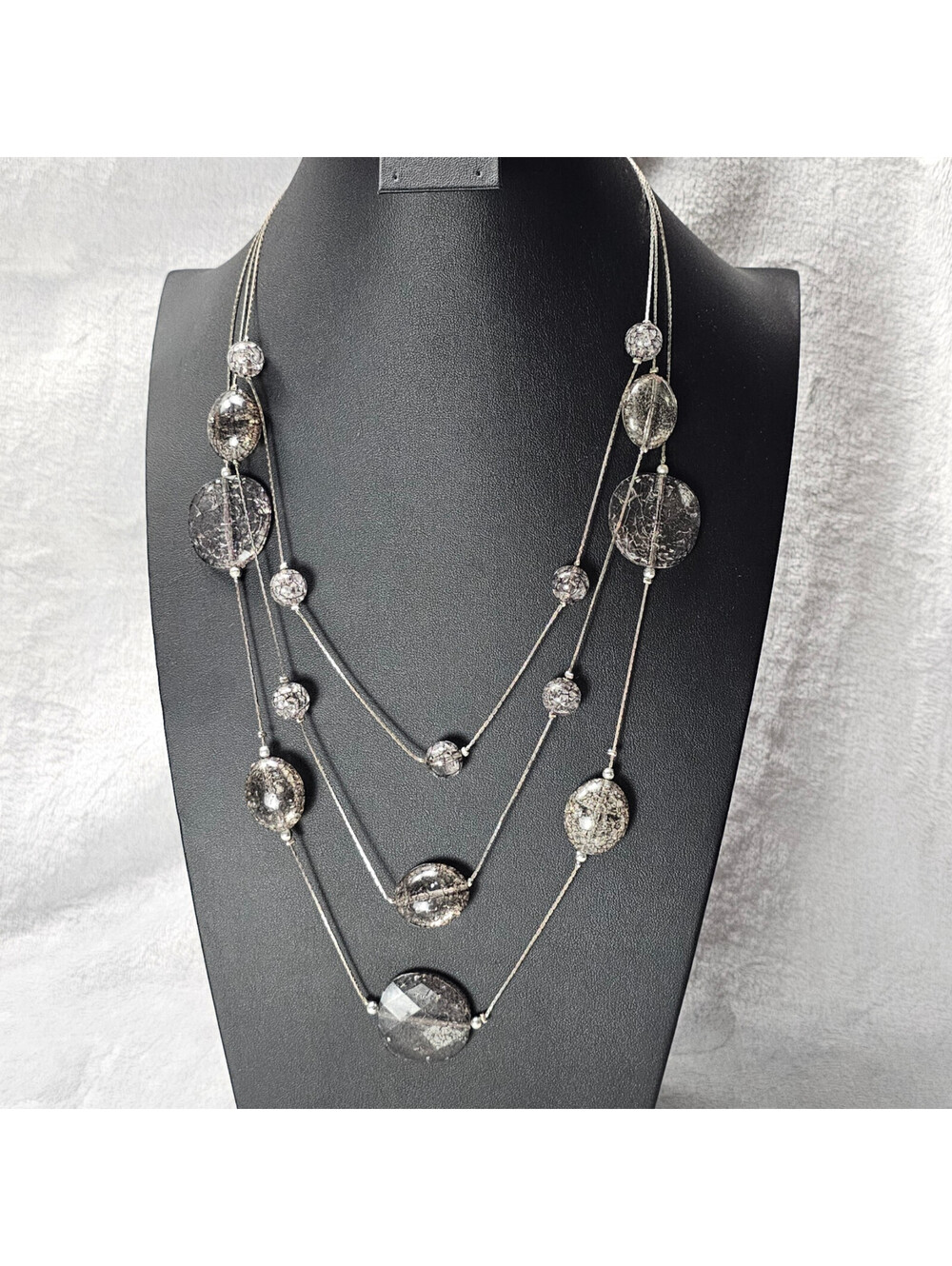 Silver Tone 3 Strand Crackle Glass Bead Illusion Station Necklace Long Layered